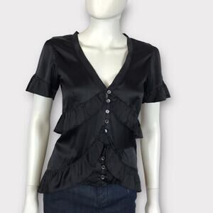 Chalc Industry Black Silk Satin Blouse V-Neck Short Sleeves